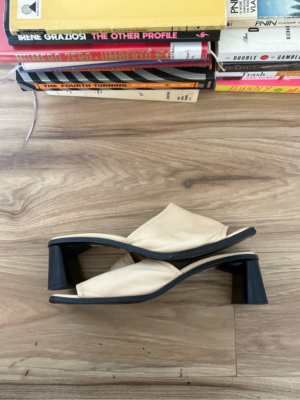 Mango Cream Open-Toe Leather Block Heel Sandals